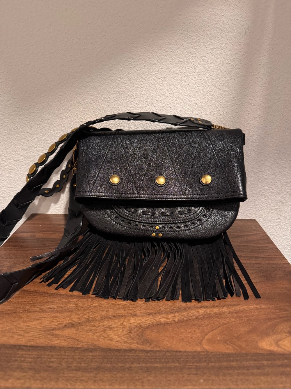 Jerome Dreyfuss Black Leather Fringe Crossbody with Gold Studs